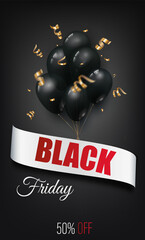 poster for the black friday sale. Black and red balloons with gold serpentine and sparkles on a dark background. Vector illustration, concept