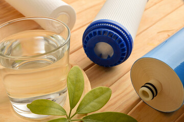 Detail of purified water with degradable osmosis filters elevated