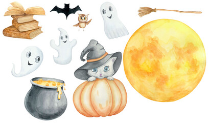 A set of watercolor illustrations for Halloween.