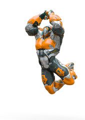 futuristic astronaut is doing a smashing jump in white background