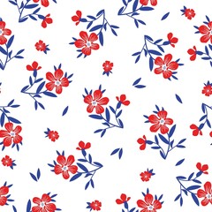 Seamless vintage abstract pattern. wonderful red flowers and blue leaves on a white background. vector texture. trendy print for textiles, wallpaper and packaging.