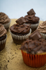 chocolate cupcakes on a golden plate with crumbs