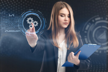 Business, Technology, Internet and network concept. Young businessman working on a virtual screen of the future and sees the inscription: