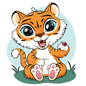 Cute Cartoon Tiger concept. Wild animal sitting on grass and playing with ladybug. Design element for printing on paper and fabric. Children clothing. Cartoon contemporary flat vector illustration