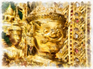 Fototapeta premium Ancient architecture of Thailand watercolor style illustration impressionist painting.