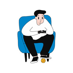 Man playing videogames at home. Vector illustration