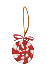 Watercolor Christmas  toy-lollipop in the form of a spiral. Element on a white background for compositions on the theme of winter holidays