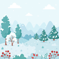 Snowy winter landscape with trees, mountains, fields. Countryside landscape. Winter background. Vector illustration.	