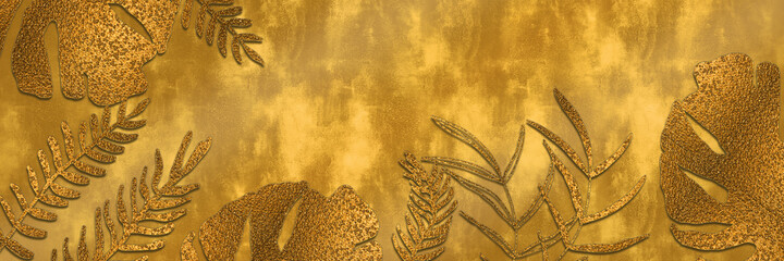 Golden leaves on a textured background with space for your own design. Light and shadow effects for an elegant style