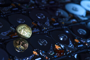 one bitcoin isolated standing belong naked hard disk drives with reflection on data disc for background wallpaper in internet business finance crypto currency banking scene