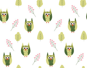 Cute seamless pattern with cute cartoon owls in the forest. Children's patterns for wallpaper, gift wrapping. Patterns for the holidays