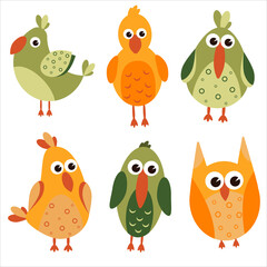 set of cute cartoon colored birds in hand drawn style raster illustration. lovely baby pictures for decor