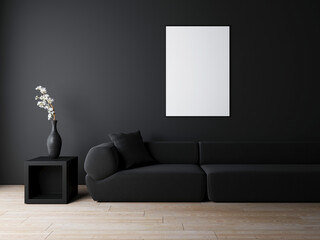Minimal modern living room design with empty frame, black color, dark