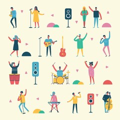 Vector background of group of singing and playing music instrument people