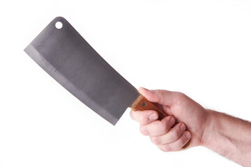 Chef hand holding a large kitchen knife for cutting meat on a white background isolated - obrazy, fototapety, plakaty
