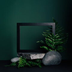 Luxurious empty product marble stone podium and forest green leaves on dark background. Concept...