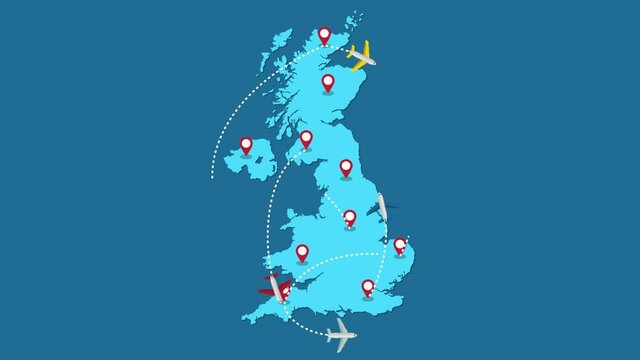Planes routes flying over United Kingdom map, tourism and travel concept, Graphic animation