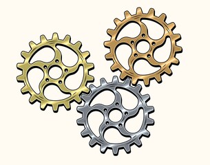 Gold, brass, copper, steel gears in retro style. Good for decoration in steampunk style. Vector.