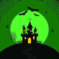 Black silhouettes of the castle, bats and spiders on cobweb on a green background with full moon. Halloween flat illustration