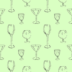 Funny vector glasses for champagne, cognac, martini and vodka on a light green background of textile industry interiors.