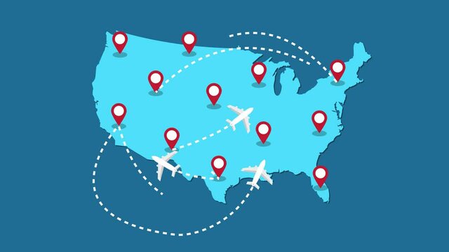 Planes routes flying over United States map, tourism and travel concept, Graphic animation