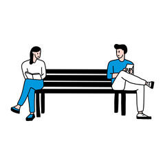 Social distancing, keep distance in public society people to protect against the concept of the spread of the COVID-19 coronavirus outbreak, a man and a woman keep their distance in a park on a bench