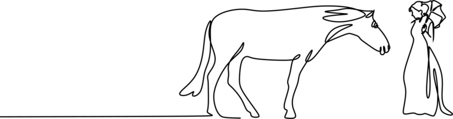 continuous drawing with one line of the silhouette of a WOMAN AND a HORSE