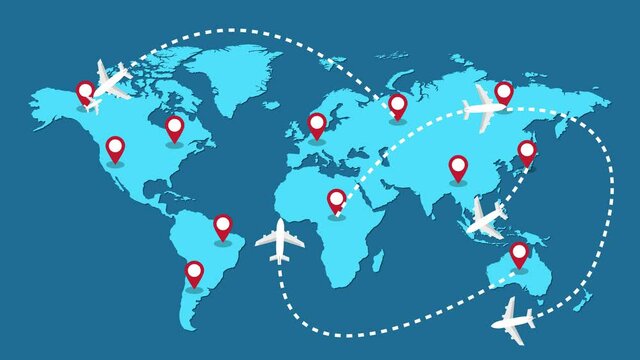 Planes routes flying over world map, tourism and travel concept, Graphic animation