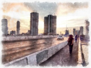 Obraz premium city bridge landscape watercolor style illustration impressionist painting.