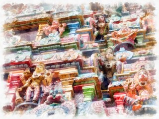 hindu temple architecture watercolor style illustration impressionist painting.
