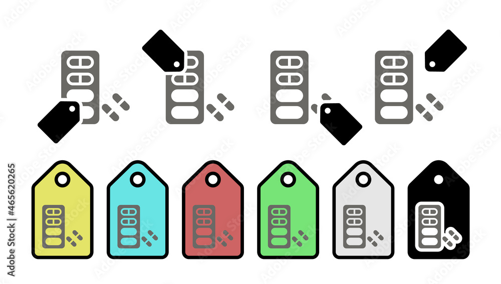 Poster medication pills vector icon in tag set illustration for ui and ux, website or mobile application