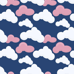 Kids clouds seamless pattern on deep blue background. Vector illustration.