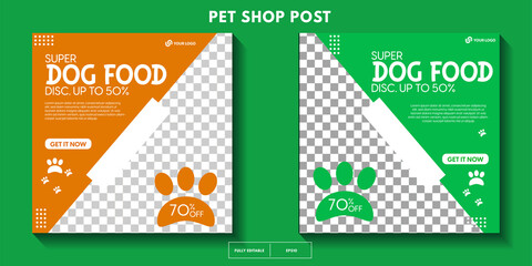 set of modern pet shop post template, Pet care social media post Template or web banner template with space for photo. super dog food, Pet care service promotional banner ads design