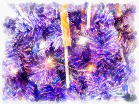 Purple Christmas Tree Purple And Gold Decorative Balls Watercolor Style Illustration Impressionist Painting.