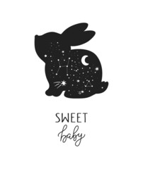 Vector hand drawn baby rabbit for decoration. Celestial animal clipart. Perfect for baby shower, birthday, children's party, clothing prints, greeting cards