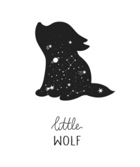 Vector hand drawn baby wolf for decoration. Celestial animal clipart. Perfect for baby shower, birthday, children's party, clothing prints, greeting cards