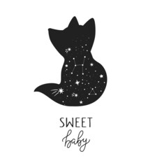 Vector hand drawn baby fox for decoration. Celestial animal clipart. Perfect for baby shower, birthday, children's party, clothing prints, greeting cards