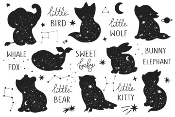 Vector woodland baby animals for decoration. Celestial clipart. Bear, fox, rabbit, wolf, elephant, cat, whale. Perfect for baby shower, birthday, children's party, clothing prints, greeting cards