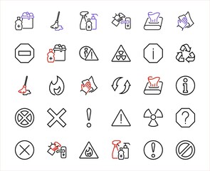 WARNINGS simple set of thin line vector icons. Contains icons such as warning, exclamation mark, reuse, warning sign and more. Editable stroke. Vector illustration