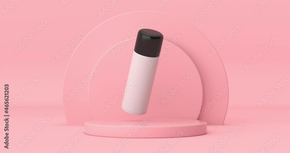 Poster 4k Resolution Video: White Cosmetic Bottle Rotating over Pink Cylinders Products Stage Pedestal on a pink background loop animation