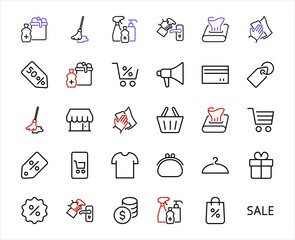 Black Friday Icon Set contains icons of Promotions, Discounts Shopping, Shopping Cart. Editable stroke. Vector Symbols, Linear