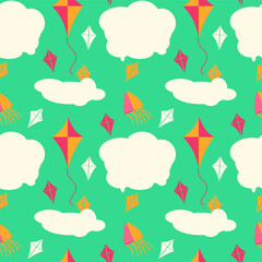 Seamless pattern with flying kites. Kids cute print. Vector hand drawn illustration.
