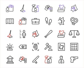 Court, Law and Justice Icon Set contains such icons as Law, Police, Prison, Handcuffs, Pistol, Editable stroke. Modern subtle symbols