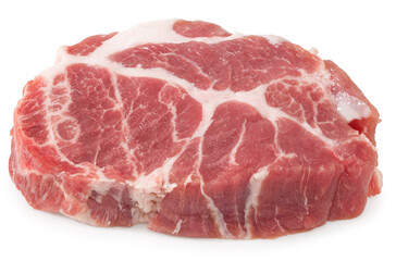 sliced raw pork meat isolated on white background. Clipping path and full depth of field