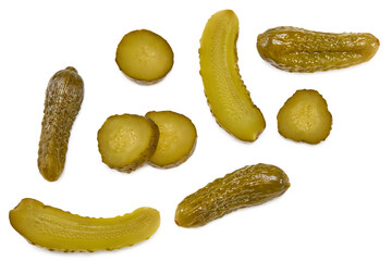 marinated pickled cucumbers with slices isolated on white background. Clipping path and full depth of field. Top view