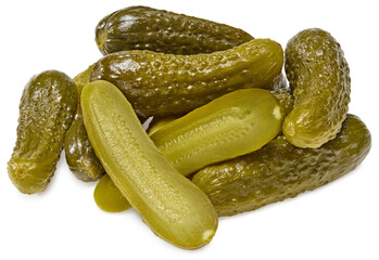 marinated pickled cucumbers with slices isolated on white background. Clipping path and full depth of field