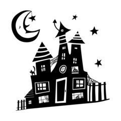 Black doodle Halloween vector design with a cute witch's house. Illustration for kids, celebration, web, print, etc. 