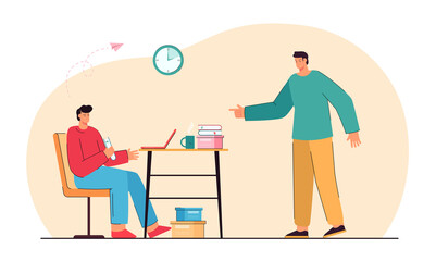 Angry boss pointing to tired late employee to deadline. Man working with laptop in office flat vector illustration. Stress, pressure of deadline concept for banner, website design or landing web page