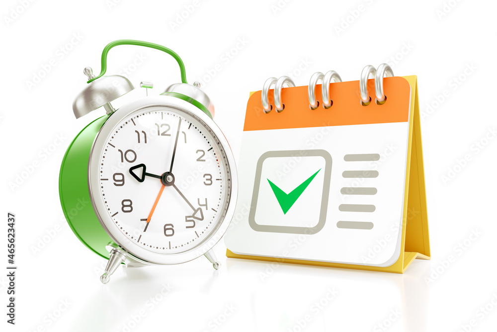 Fototapete time scheduling. an alarm clock in front of a desk calendar, which is with printed checkmark on its 
