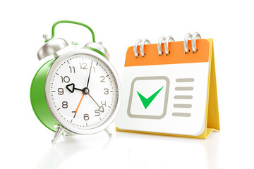 Time Scheduling. An alarm clock in front of a desk calendar, which is with printed checkmark on its front page and both of them are standing on reflective white background. 3D rendering graphics on th